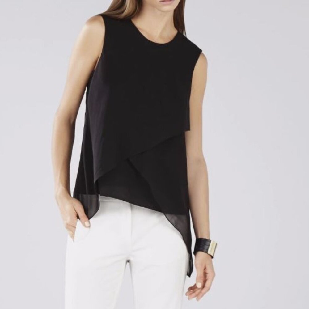 BCBGMAXAZRIA | 100% Silk Blouse Lorielle Sleeveless Top in Black | Size Small